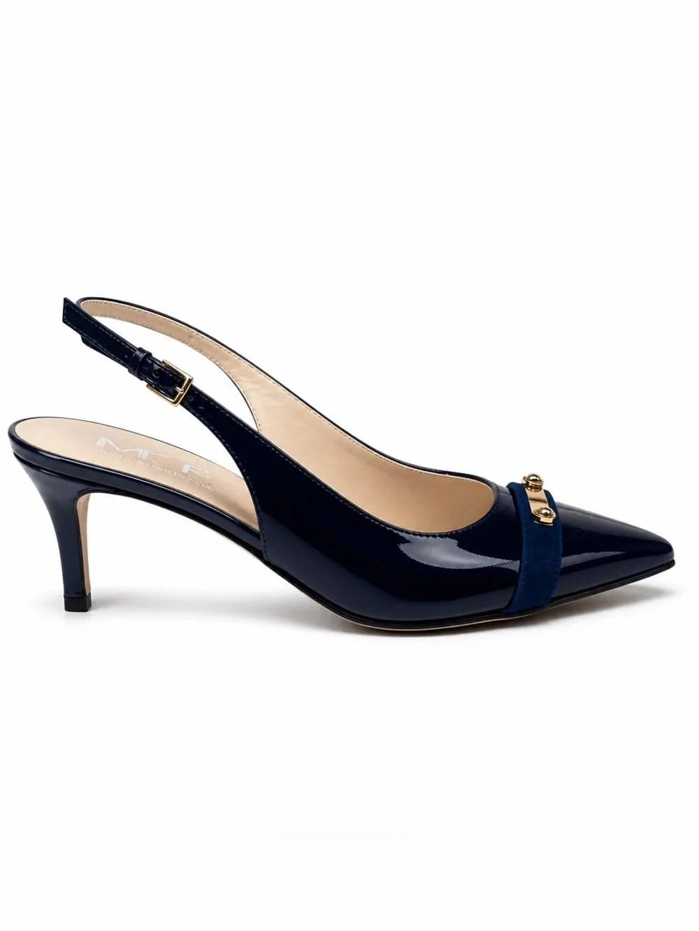 M. F. Collection Women’sNavy Patent Pointed-Toe Slingback Heels with Gold Accent